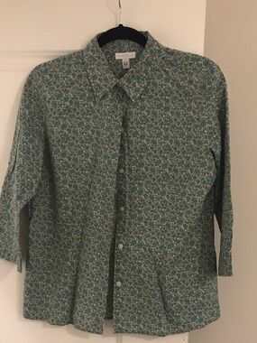 Charter Club Teal and Cream Floral Button-Up Shirt